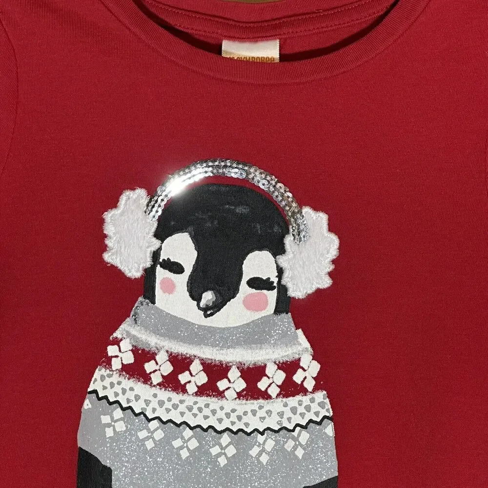 Gymboree Size 5 Holiday Red Penguin Shirt Ear Muffs Glitter Sequins